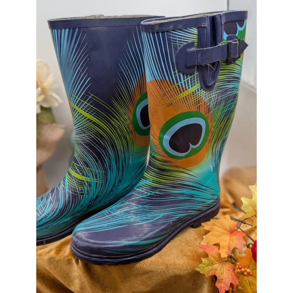 Chooka Signature Big Peacock Blue Tall Rain Boots Women's Size 9 Good Used Vtg